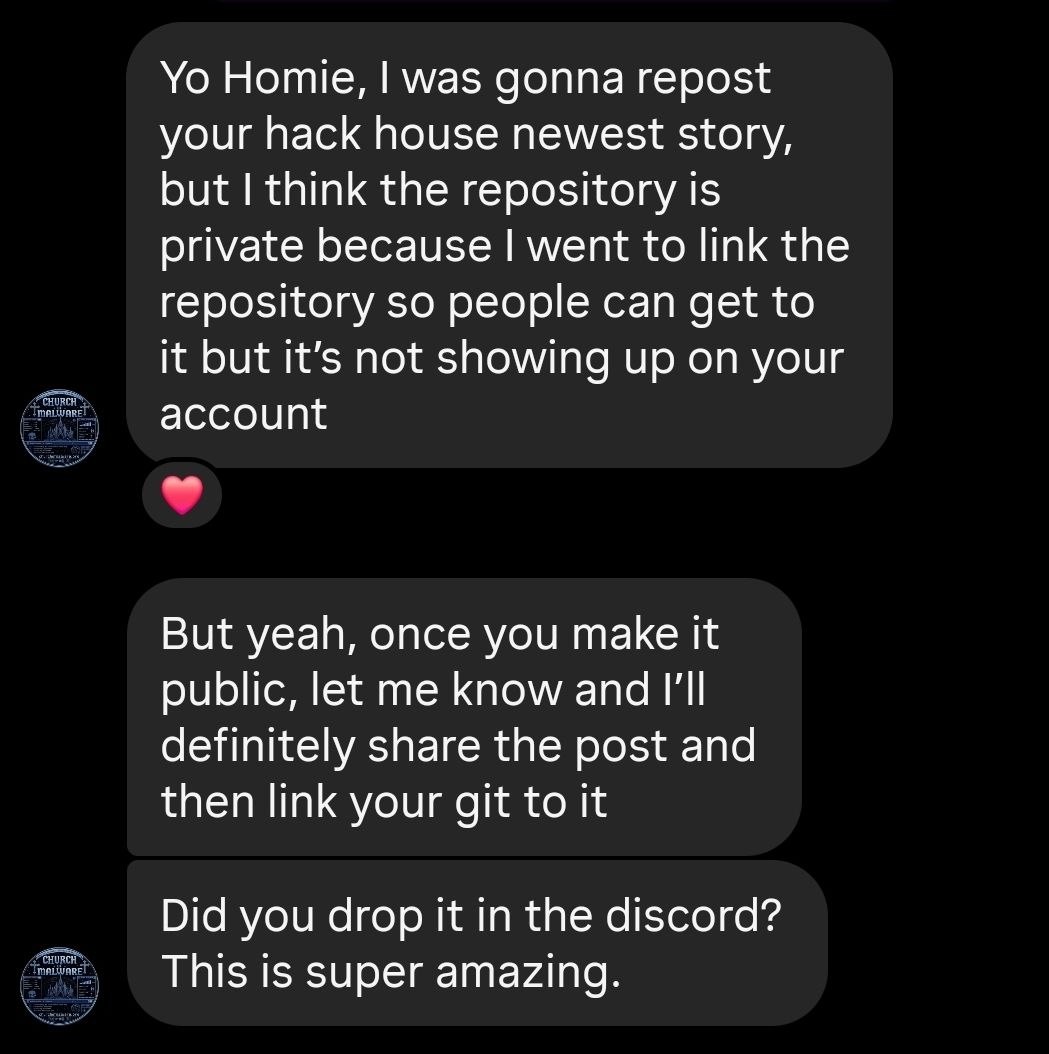 Developer message reacting to Hack House: this is super amazing