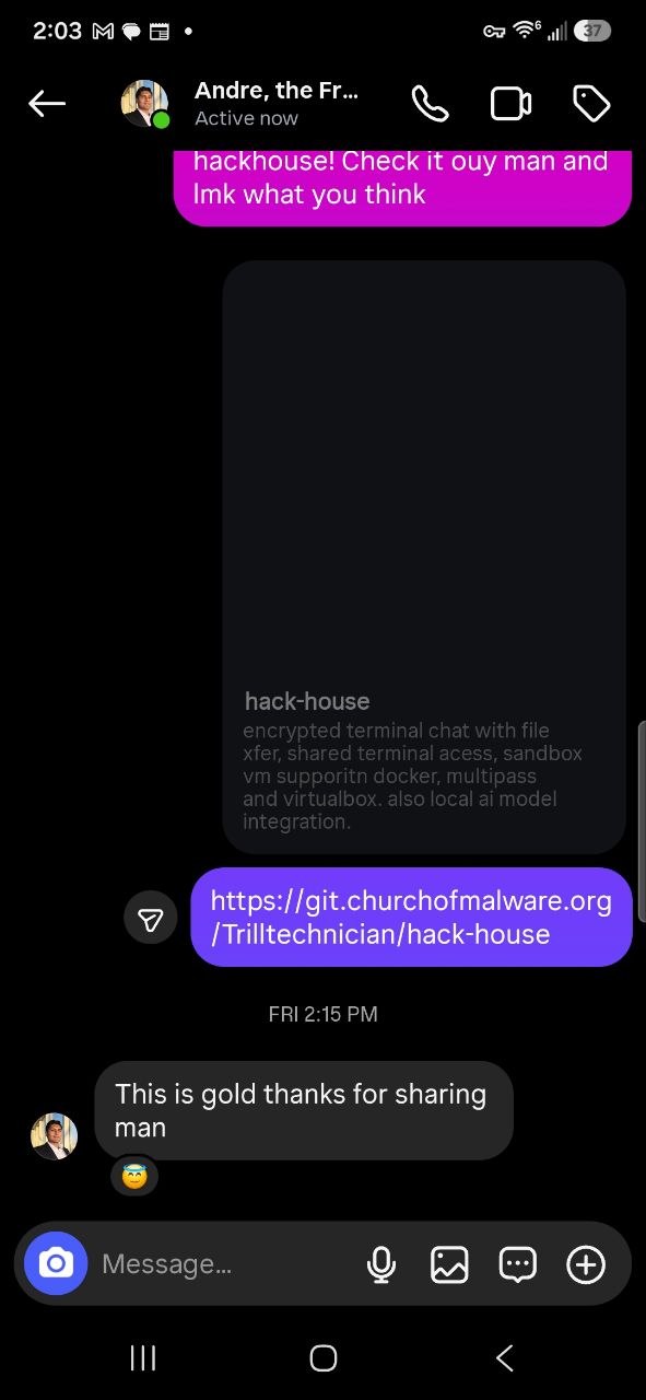 Developer message reacting to Hack House: this is gold thanks for sharing